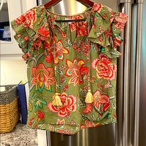 THML Floral Ruffle Sleeve Blouse - Olive and Coral